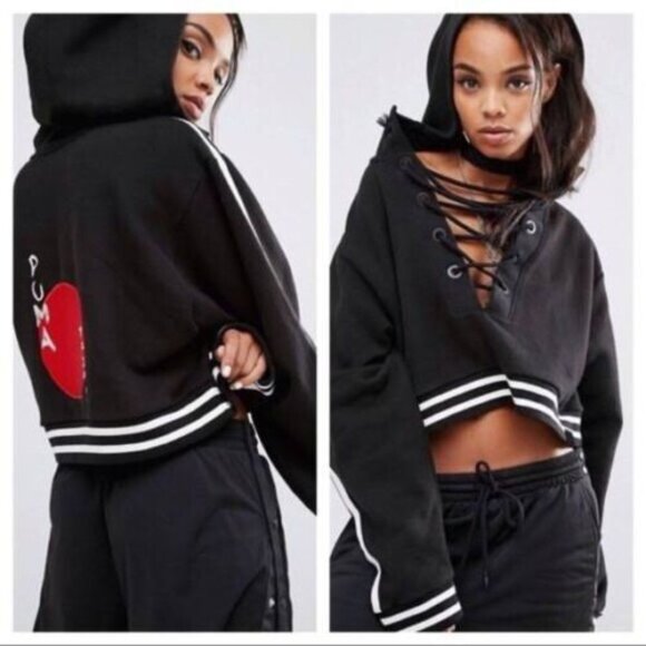 PUMA X FENTY Rihanna NEW Rising Sun Lacing Black Sweatshirt Hood Womens Large - Picture 1 of 9